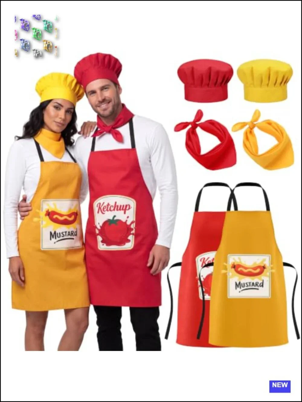 6PCS Halloween Couples Condiment Costume Set Adult Ketchup Mustard Chef Apron